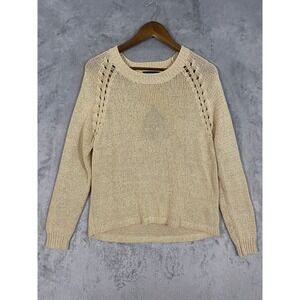 UNIQ Sweater Womens Medium Tan Beige Crossover Back Open Knit Pointelle Coastal